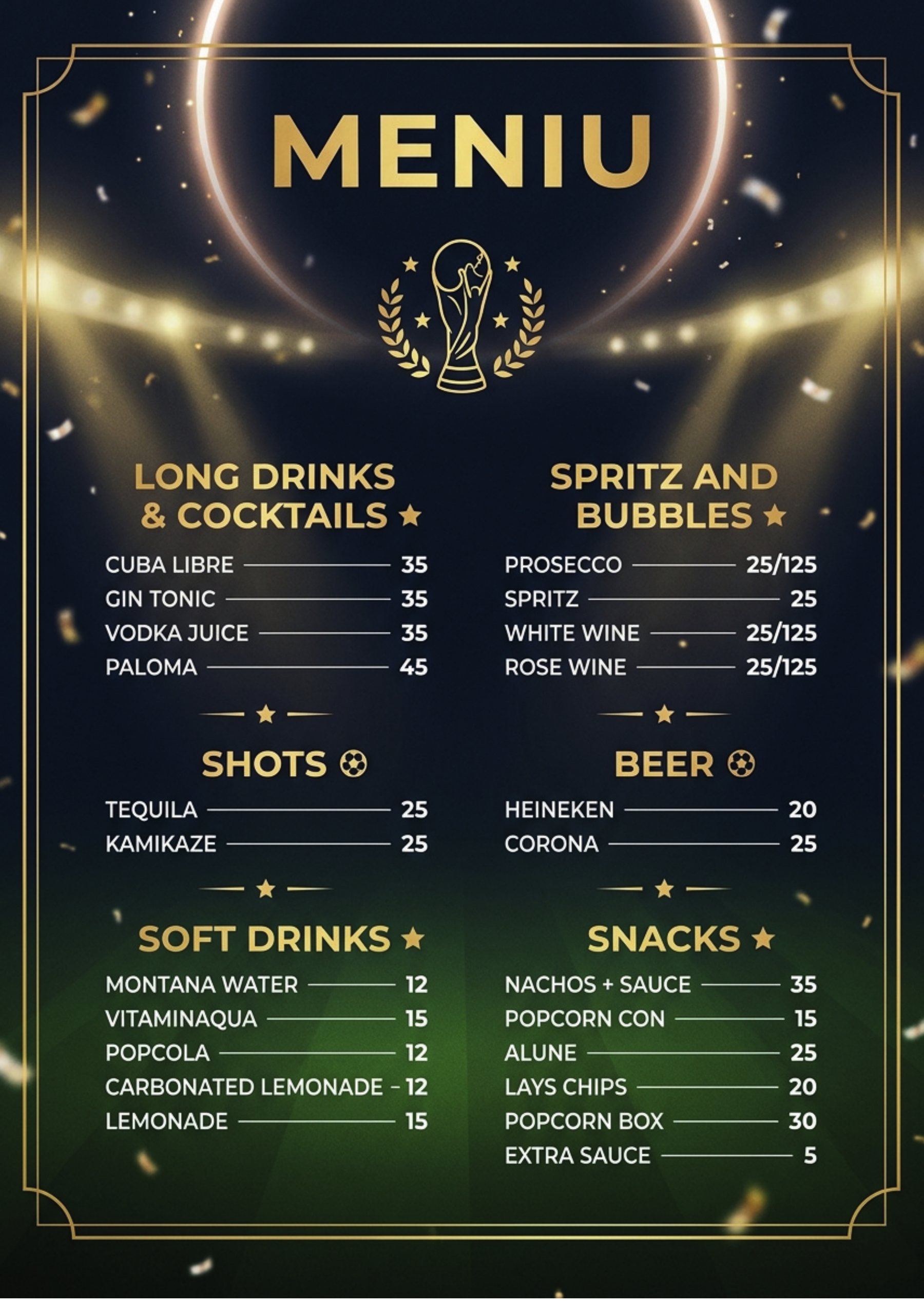 Meniul serii la RED Studio — cocktailuri, spritz, shots, bere, soft drinks și snacks, cu prețuri